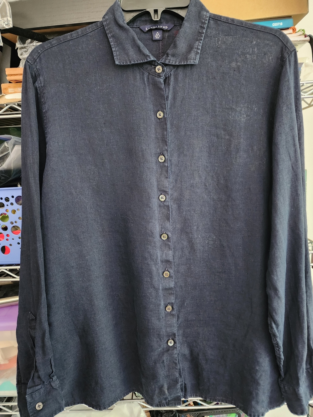 Lands' End Linen Navy Long-Sleeve Button-Down Shirt M 10-12
